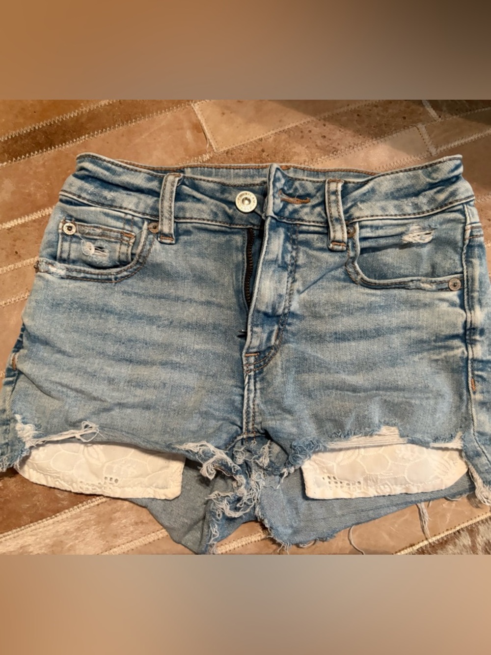 American Eagle Light Wash Distressed Denim Shorts with Lace Insets